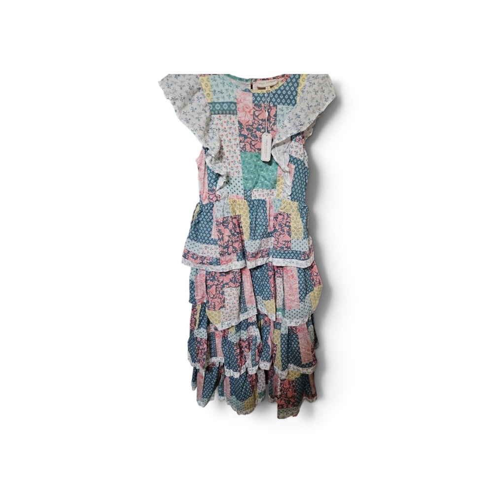 Simply Southern Patchwork Tiered Midi Dress Floral Ruffle Flutter Sleeve L 0460